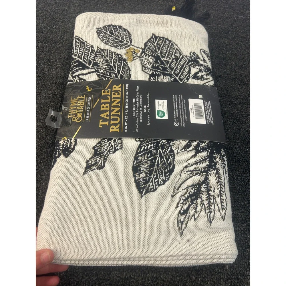 Thyme & Table Harvest Collection Table Runner Black  Leaf Print Tassels 72in